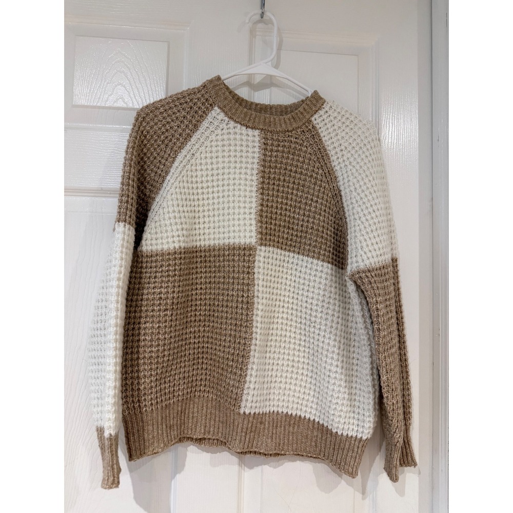 Tahari Womens Waffle Knit Checkerboard Sweater Tan White Raglan Crew Neck M